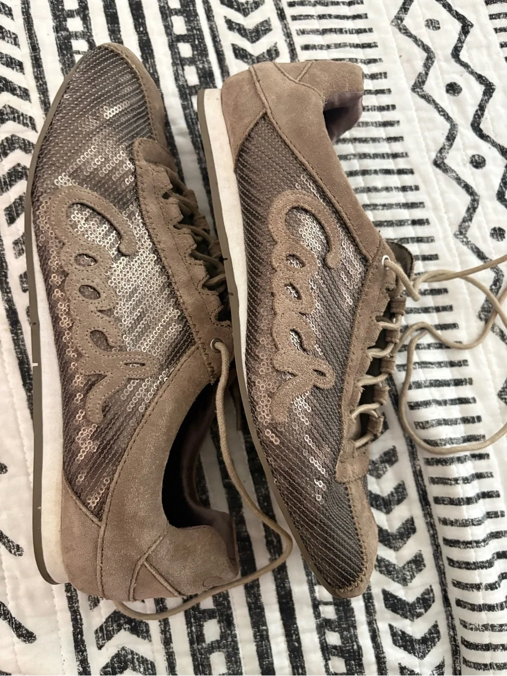 Coach Hope Suede-Sequined Sneakers in an ash brown or taupe colorway